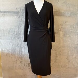 Polished Minimalist Black Wrap Long Sleeve Tie Waist Midi Dress Sz 4